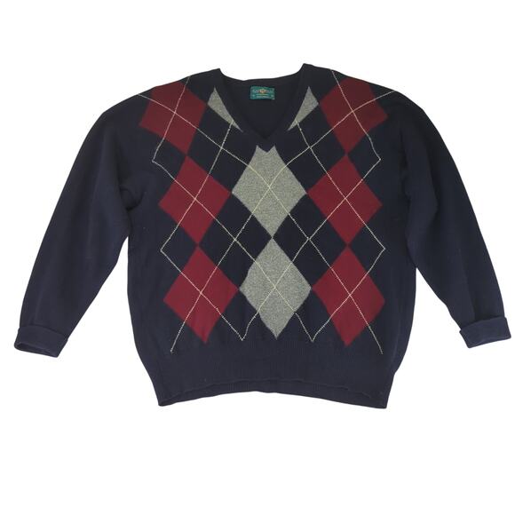 Alan Paine Pure Lambswool V-neck Sweater Argyle Navy Blue Red Preppy US Men's XL - Picture 1 of 9
